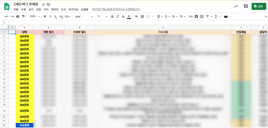구글 스프레드시트 화면. 보기만 해도 아찔하다...